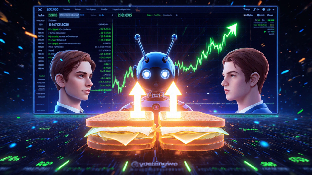 Bot inserting front‑run and back‑run transactions around a trade on a DEX.