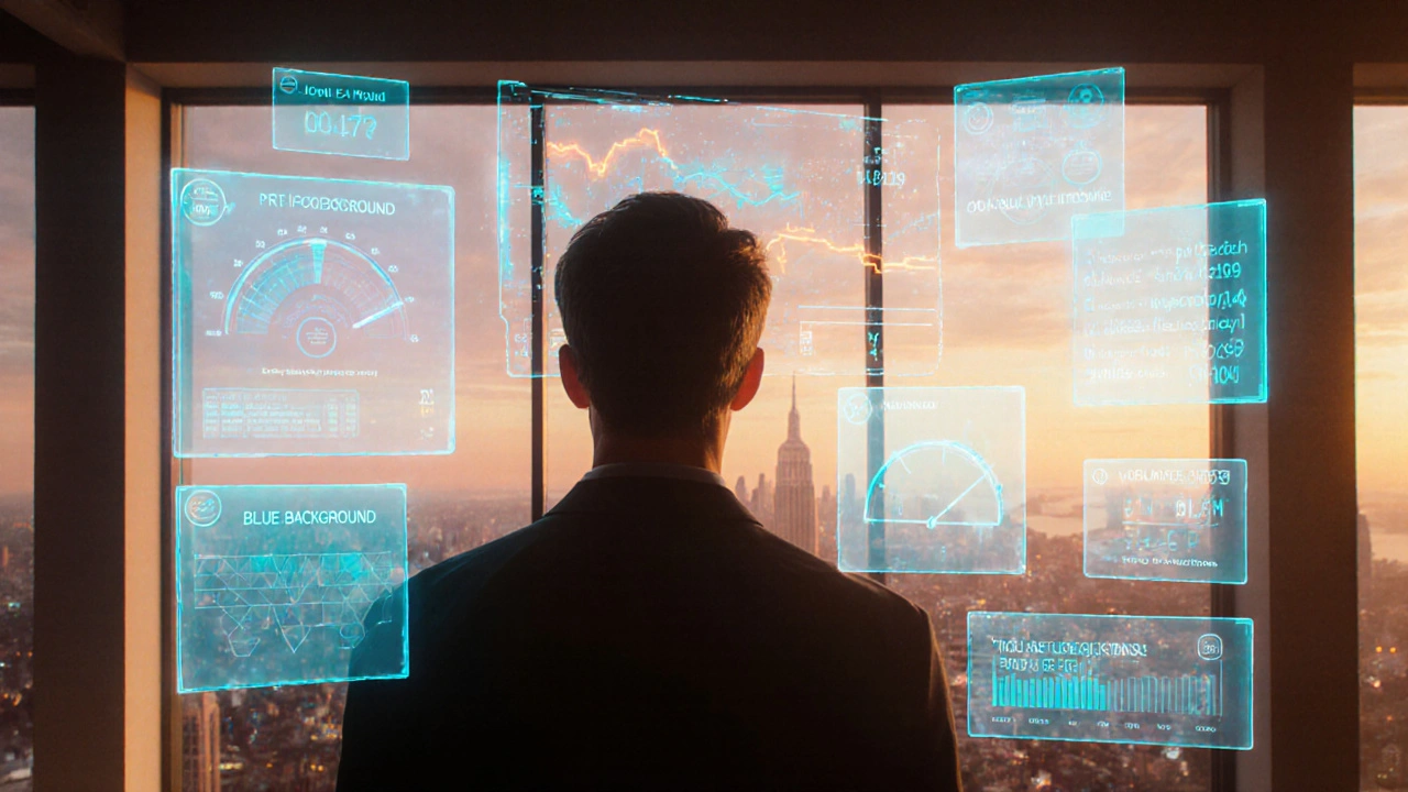 Collector viewing holographic dashboards of floor price and metrics in a modern loft setting.