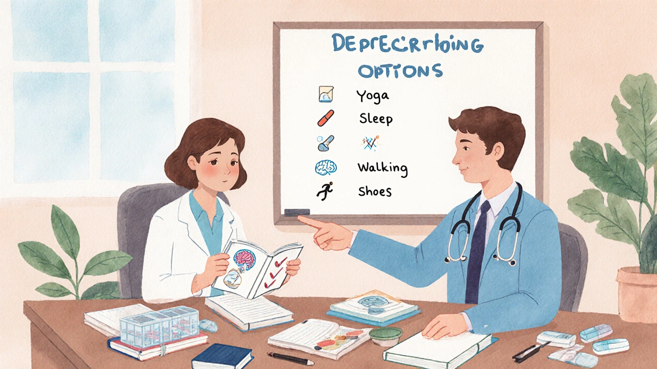 Doctor and patient reviewing medication log with healthy alternatives shown on whiteboard.