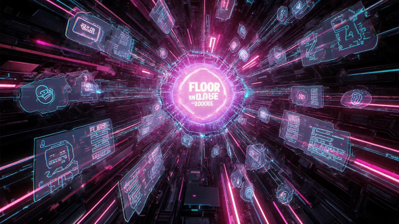 Futuristic data hub visualizing NFT icons flowing into a core that outputs a bright floor price number.