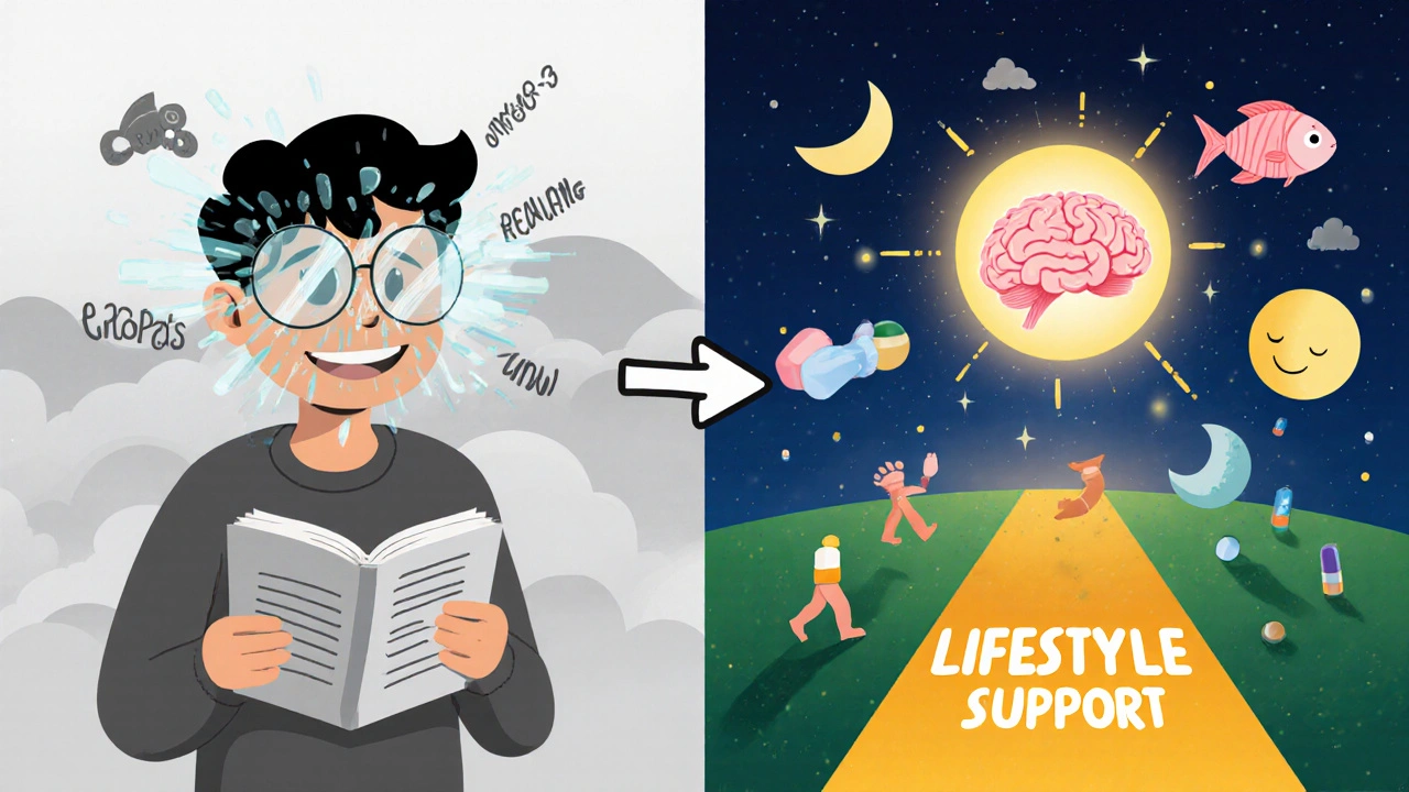 Split image: brain fog vs. clear thinking with lifestyle symbols supporting cognitive health.