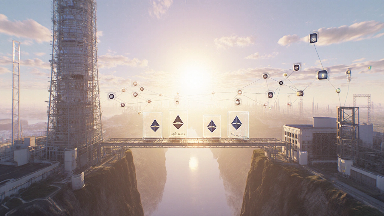Validator, builder, and Flashbots relay connecting in a peaceful blockchain landscape.