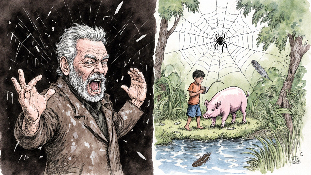 A boy feeds a pig by a river while a spider spins a web — nature continues amid human chaos.