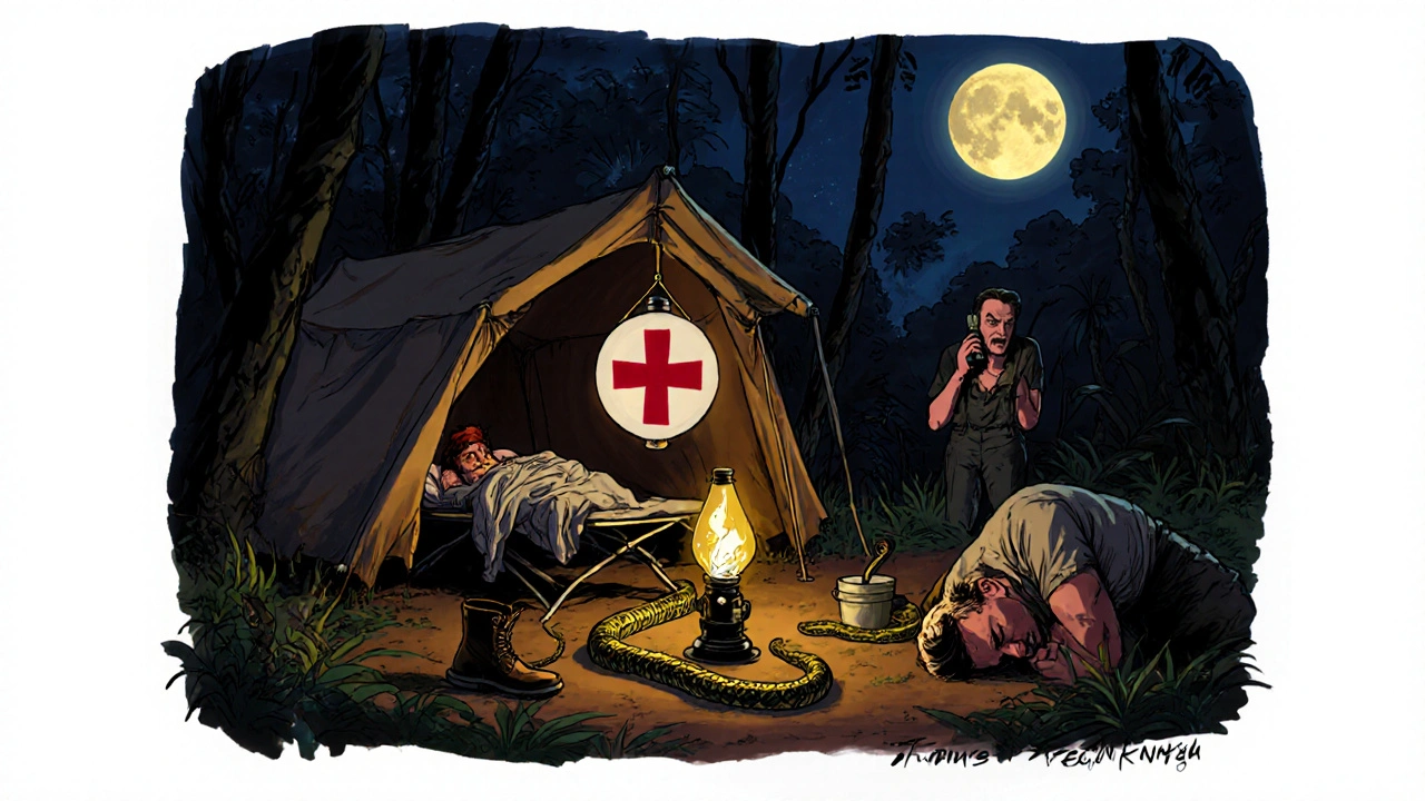 A dark jungle camp at night: a sick man on a cot, a snake nearby, and a man yelling into a walkie-talkie.