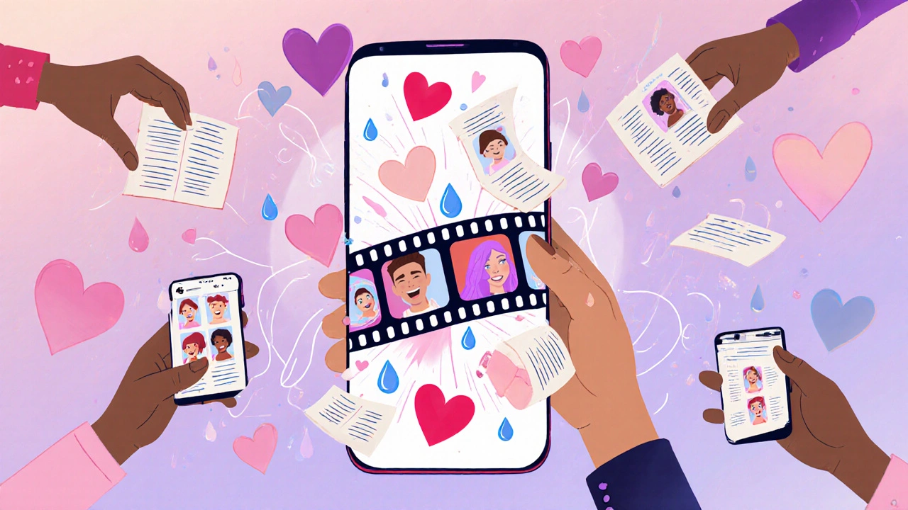 A dreamy digital collage of hearts, tears, and book pages forming a film reel on glowing phones.