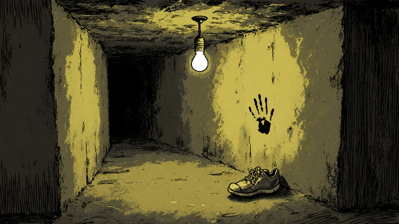 A dusty basement with a swinging bulb, a child&#039;s shoe, and a handprint on the wall, conveying silent grief.