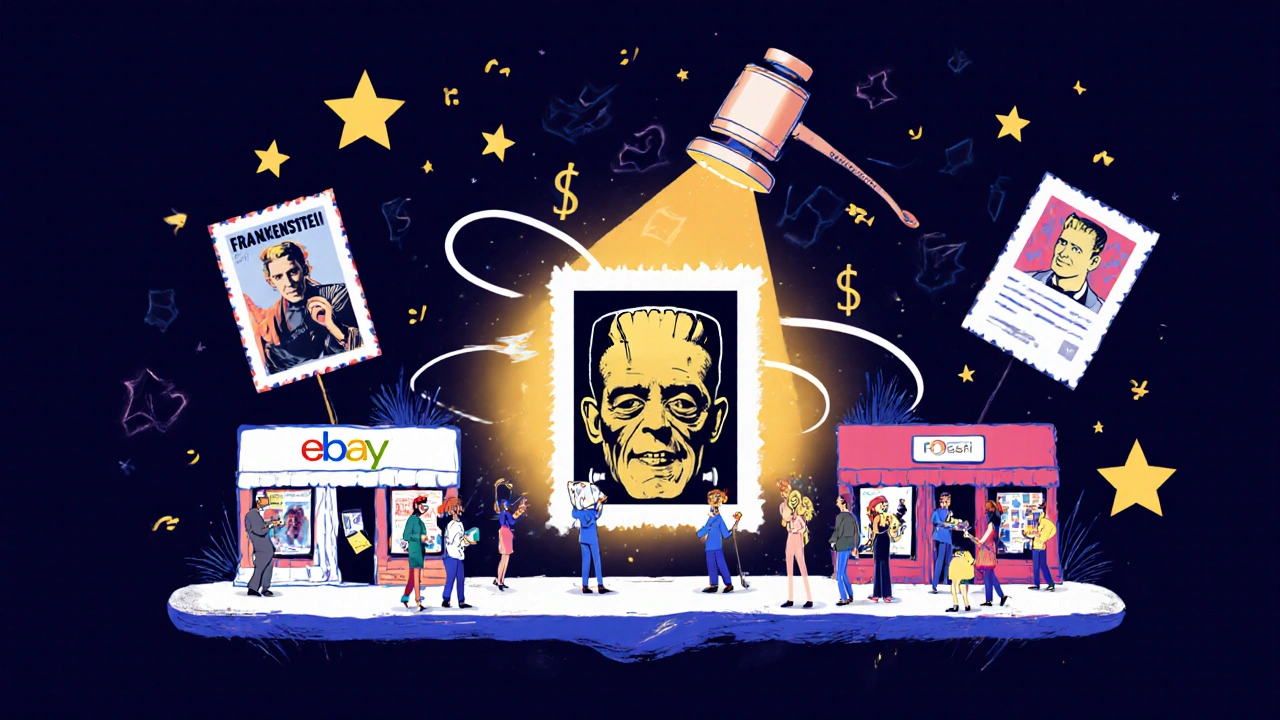 A fantasy marketplace with online platforms and glowing movie posters floating in the air.