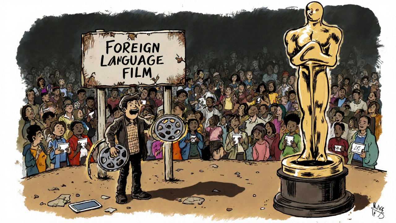 A filmmaker holds a silent film reel as an old 'Foreign Language' sign falls away in shadow.