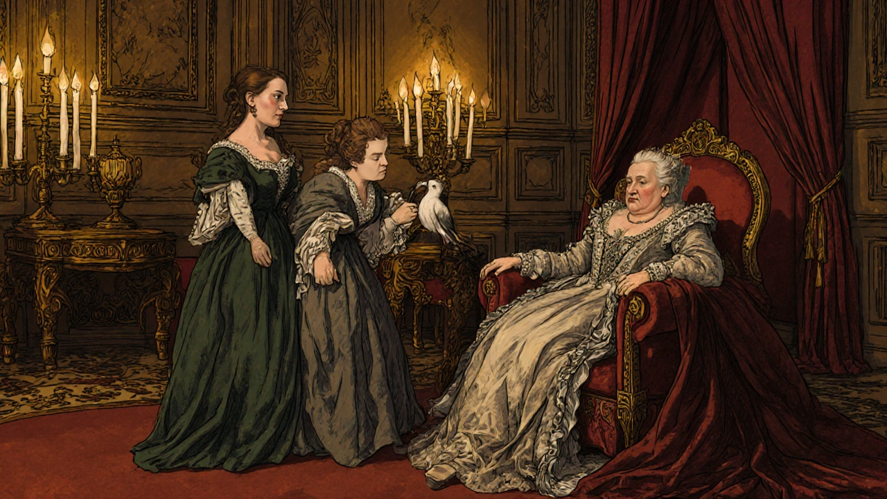 A frail queen and two women in a grand palace, locked in silent rivalry over a dead bird.