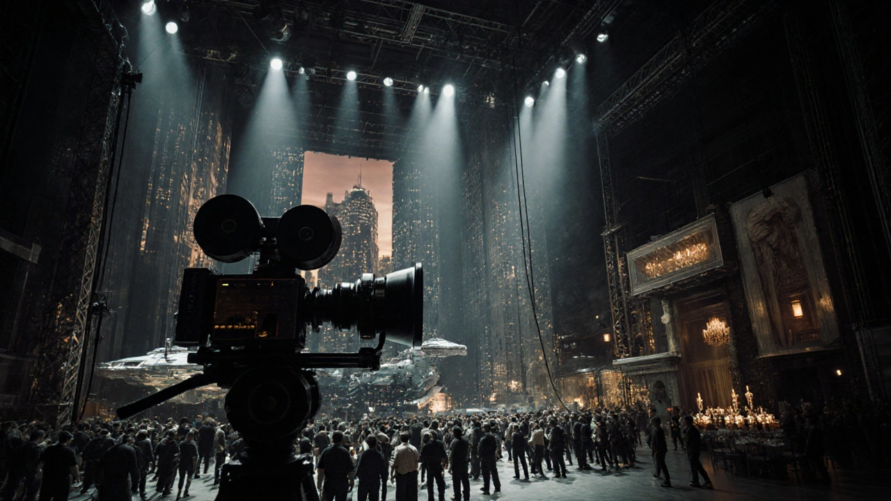 A grand Hollywood soundstage with massive sets and a huge movie camera.