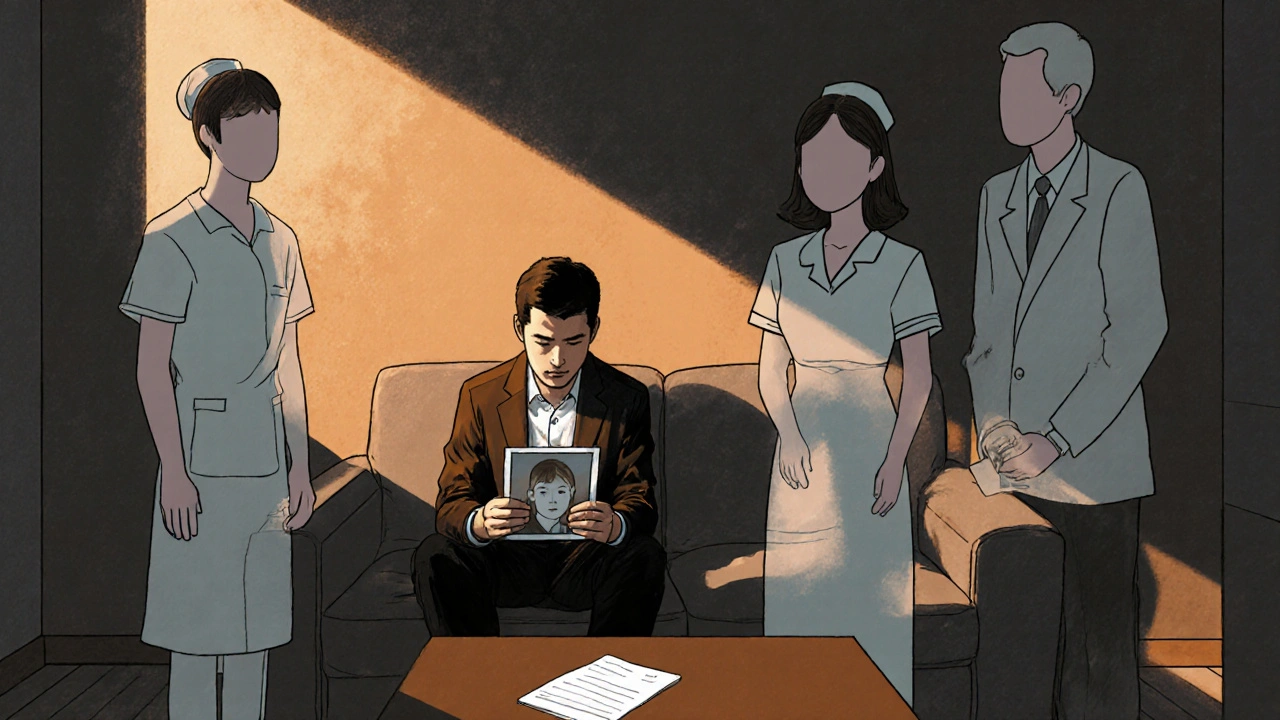 A lonely father surrounded by translucent figures of others, all sharing silent grief in a dim room.