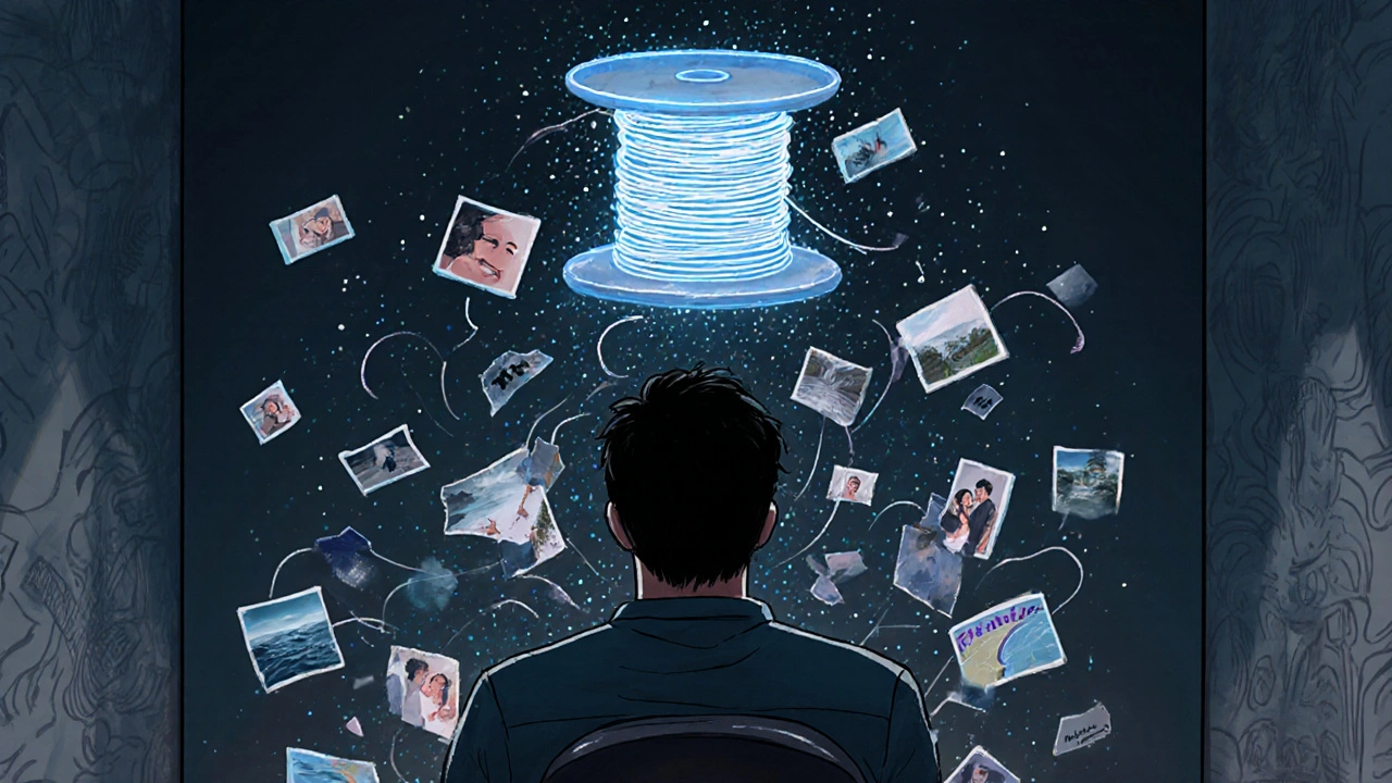 A man watches his memories dissolve into digital static while an AI interface hovers above him.