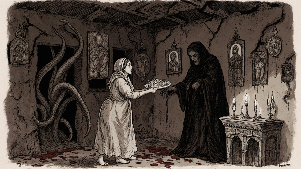 A Mexican home at night with a mother facing a tentacled shadow beneath flickering Catholic icons.