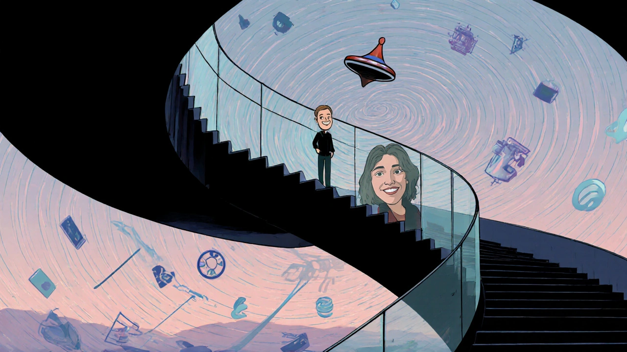 A person stands before a spiraling staircase of floating symbols, their reflection showing a digital avatar.