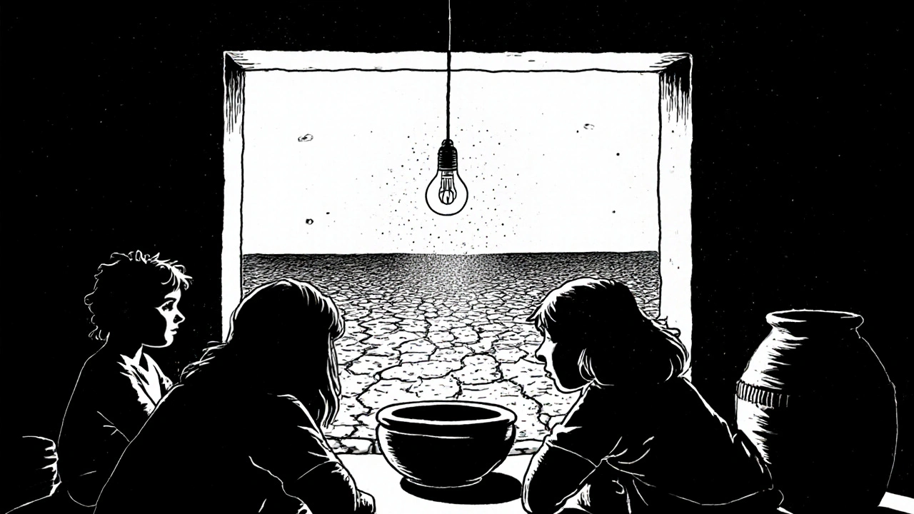 A poor family sits in silence around an empty bowl in a dry rural home.