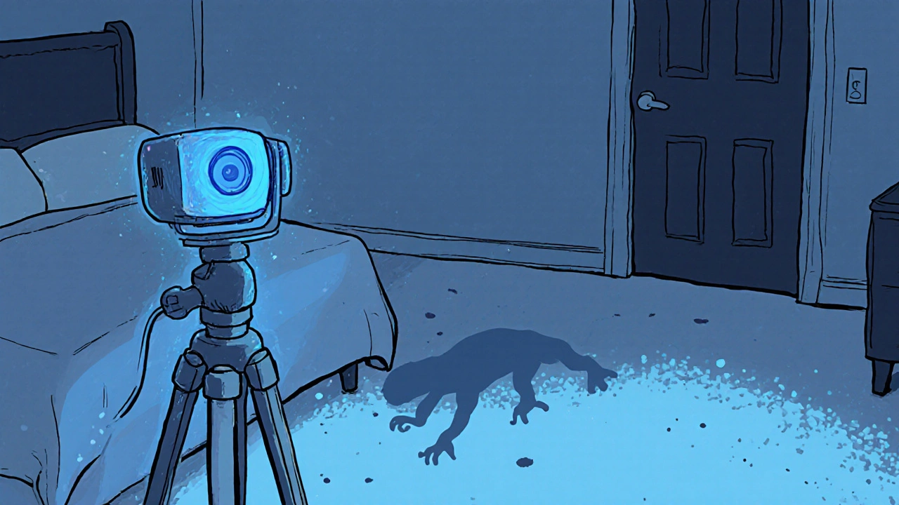 A quiet bedroom at night with a webcam pointed at a slightly open door, a shadow creeping across the floor.