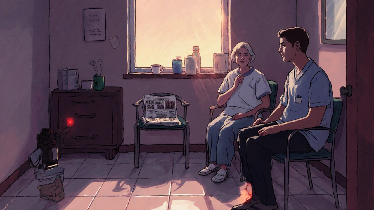 A quiet hospice waiting room where a filmmaker blends into the background, camera resting unnoticed beside a nurse and patient.