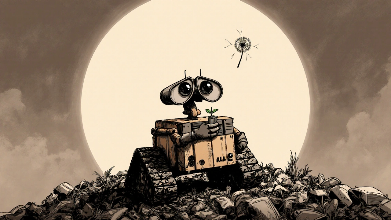 A small robot sits on a mountain of trash at sunset, holding a delicate plant.