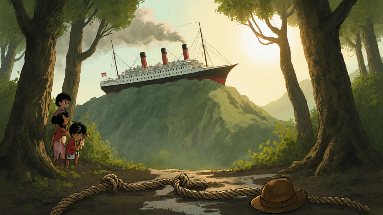 A steamship sits atop a jungle mountain at sunset, children watch from afar, an abandoned rope lies in the mud.