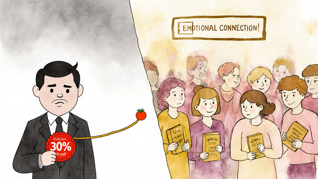 A symbolic split scene: a critic with a red score versus a crowd of emotional fans connected by golden light.