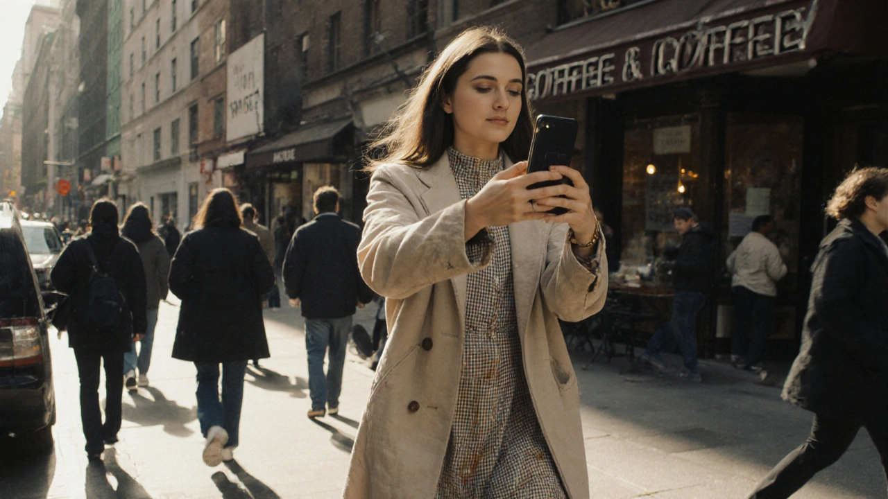 A woman filming herself in natural light on a city street, wearing a vintage coat with a visible tear.