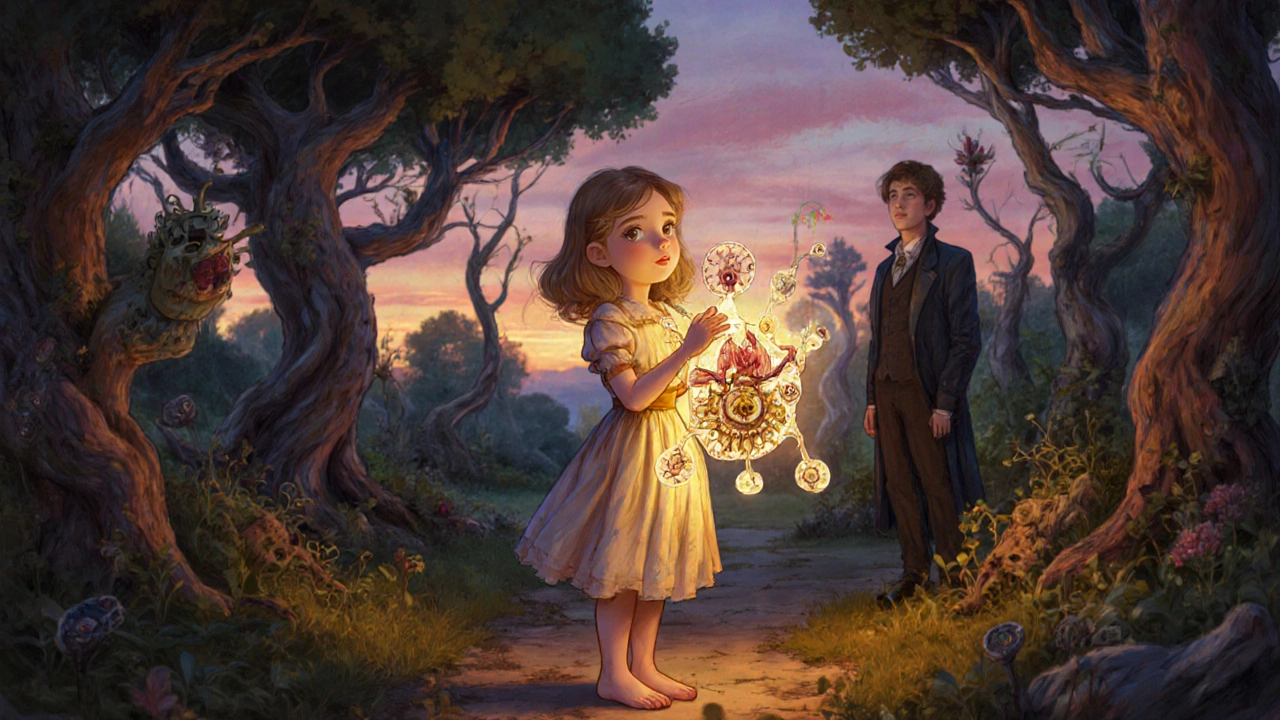A woman in a Victorian dress holding a glowing creature made of organs and gears in a dreamlike garden.