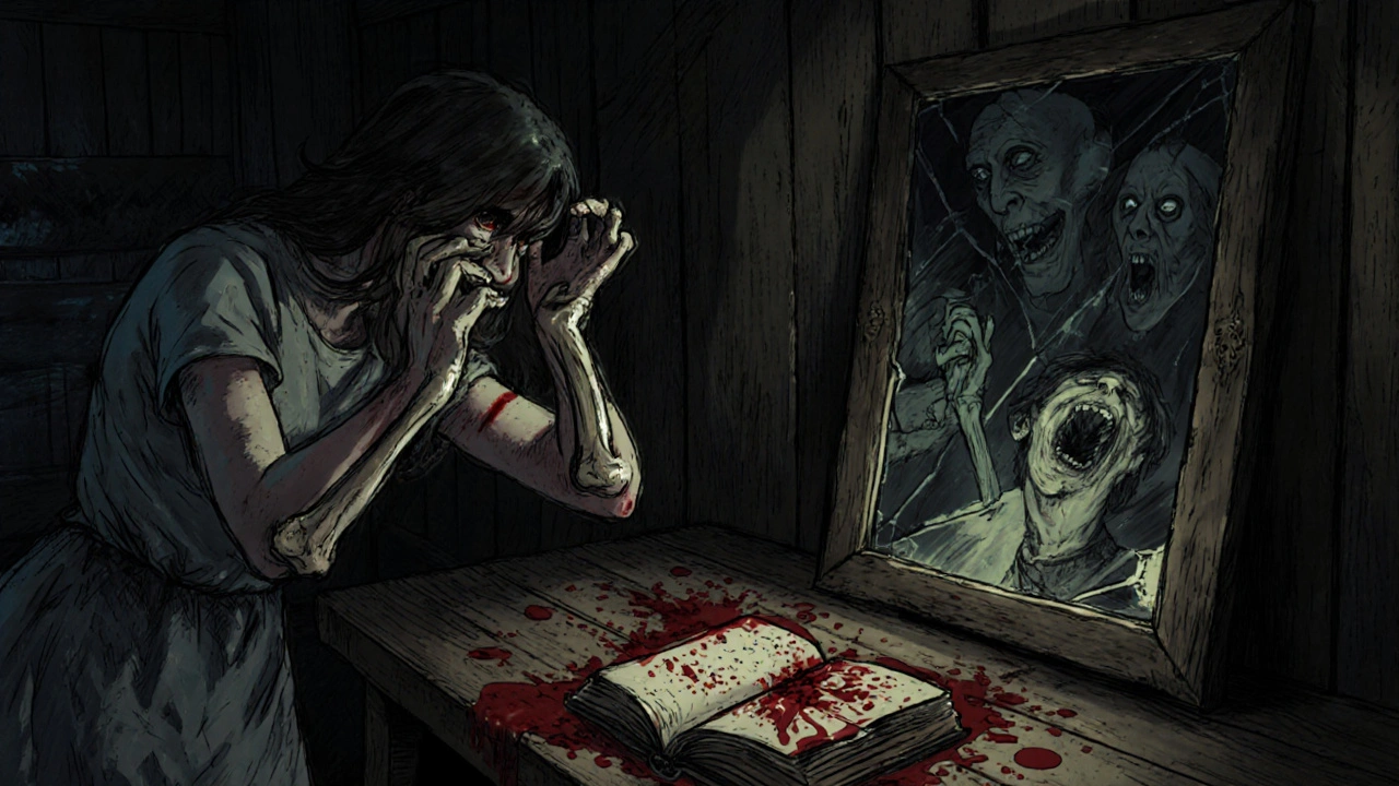 A woman’s hand violently twists and bleeds as it attacks her face inside a dark, cursed cabin.