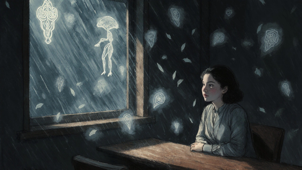 A woman sits in a quiet room as glowing alien symbols drift around her, illuminated by neon light and rain-streaked glass.