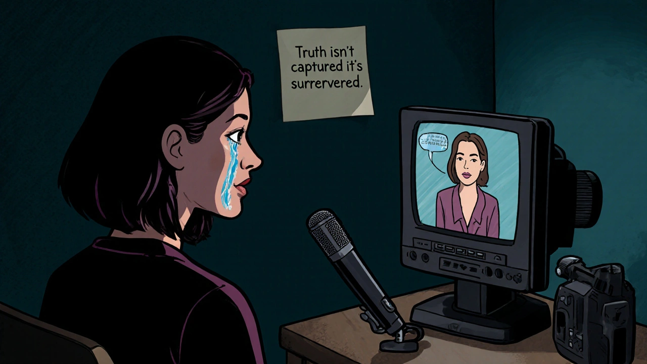 A woman watches herself on a monitor, moved by her own unscripted words about grief, the camera forgotten nearby.