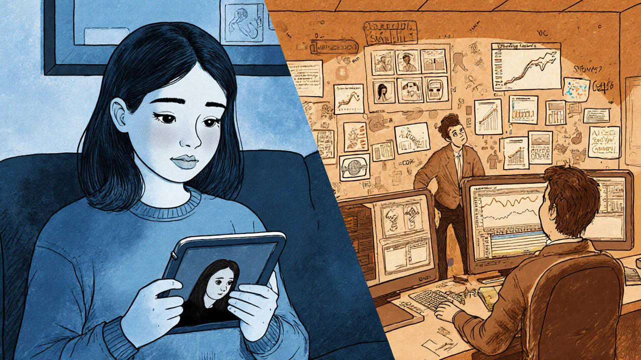 A young woman watching &#039;Anora&#039; on a tablet while studio executives analyze streaming data nearby.