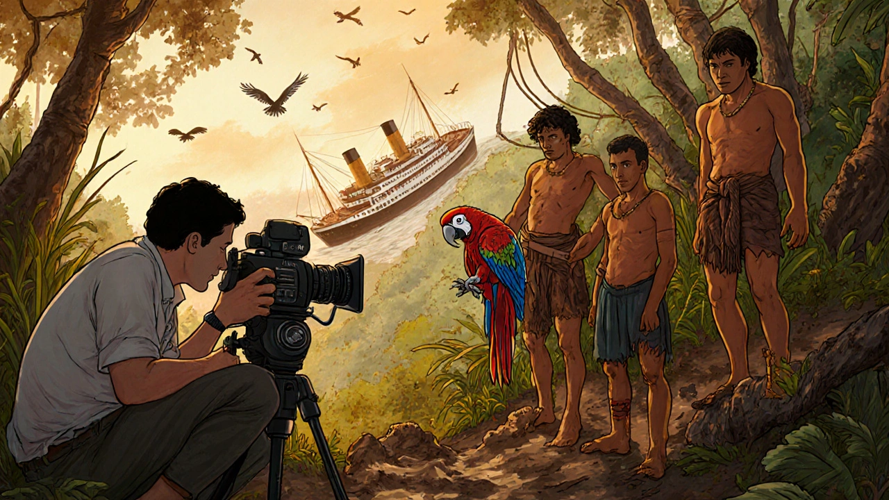 Aguaruna men hold a parrot’s corpse, staring silently at the camera in the humid rainforest.