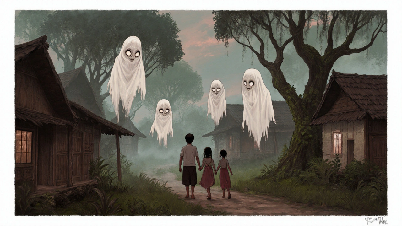 An Indonesian village at dusk with floating white pocong spirits and ancestral trees watching silently.