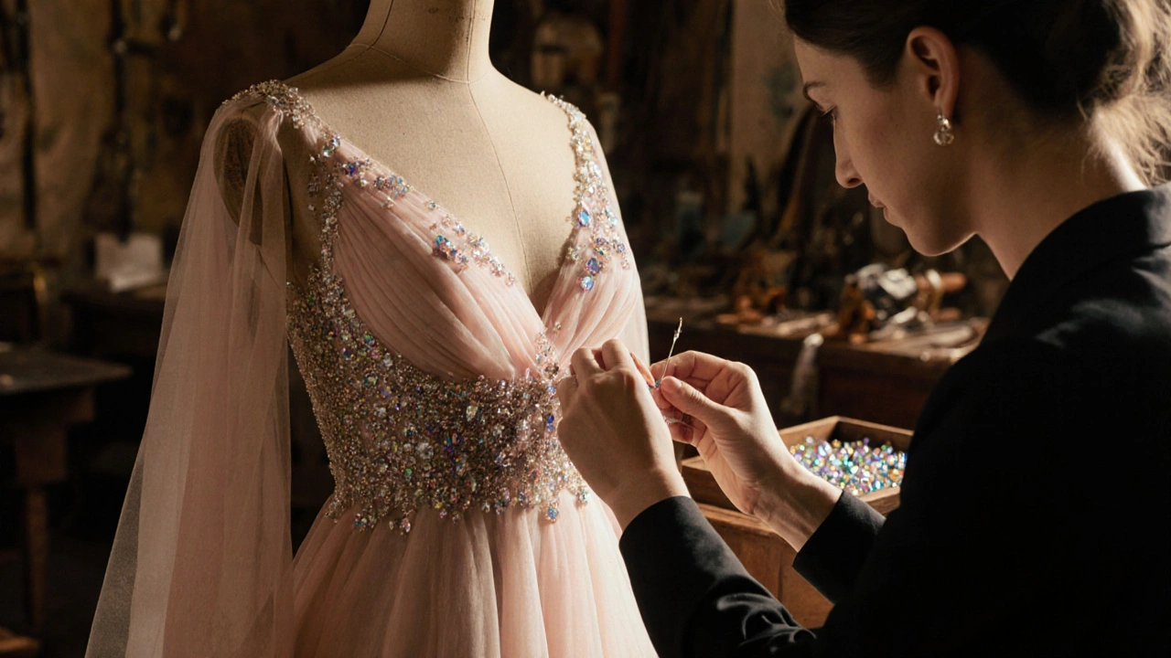 Artisan hand‑sewing crystals onto an Elie Saab gown in a Paris atelier.