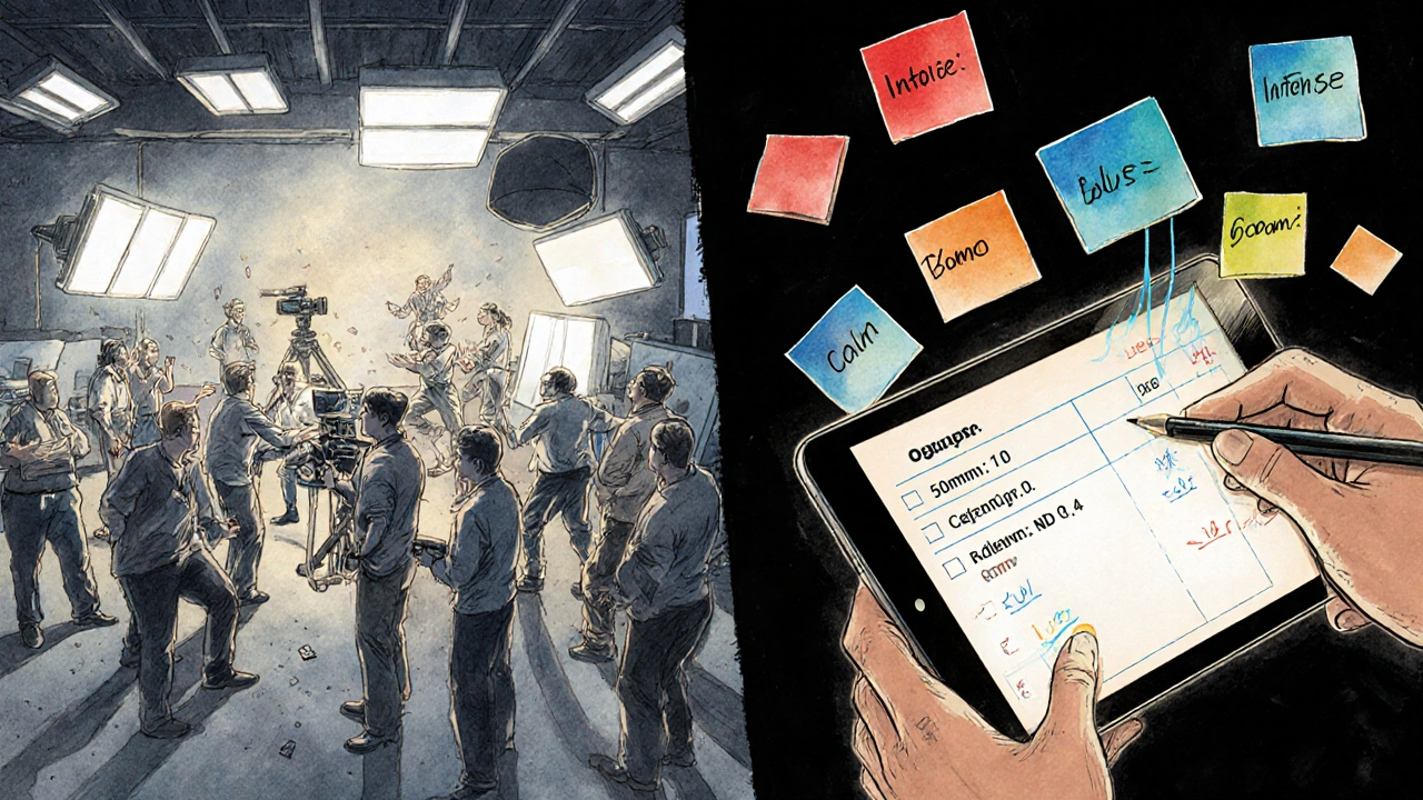 Chaotic film set vs. organized set with color-coded shot list notes floating in the air.