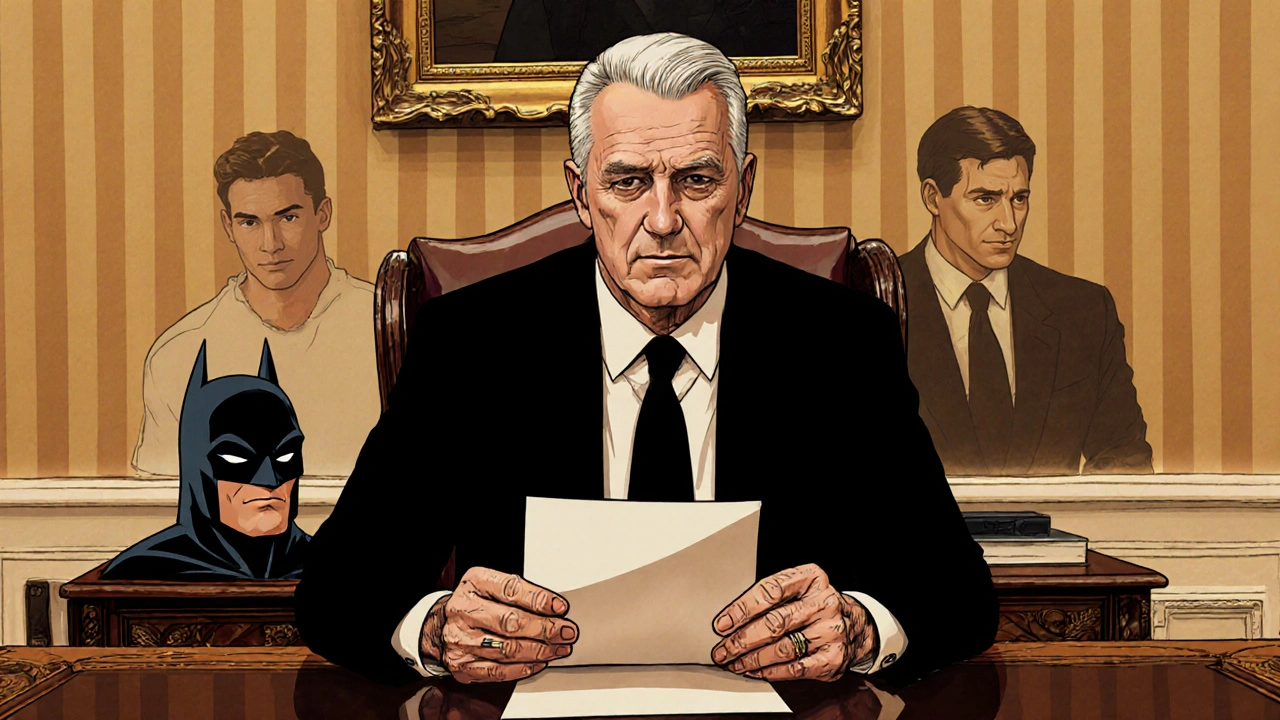 Christian Bale as Dick Cheney, aged and hunched, with fading images of his past roles in the background.