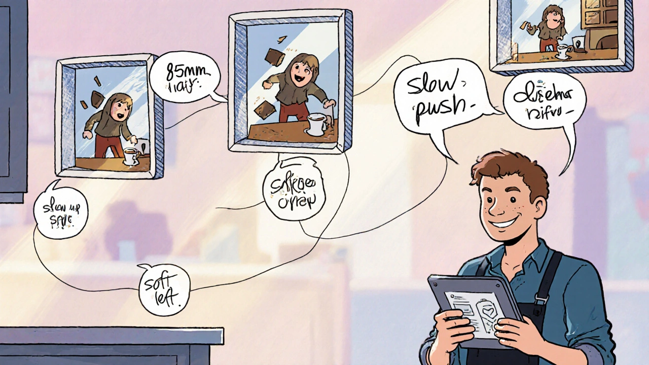 Cinematic coffee-drop moment broken into labeled comic panels showing camera specs for each shot.