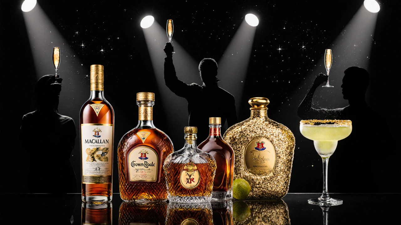 Collage of rare drinks with gold accents and hints of celebrity silhouettes.