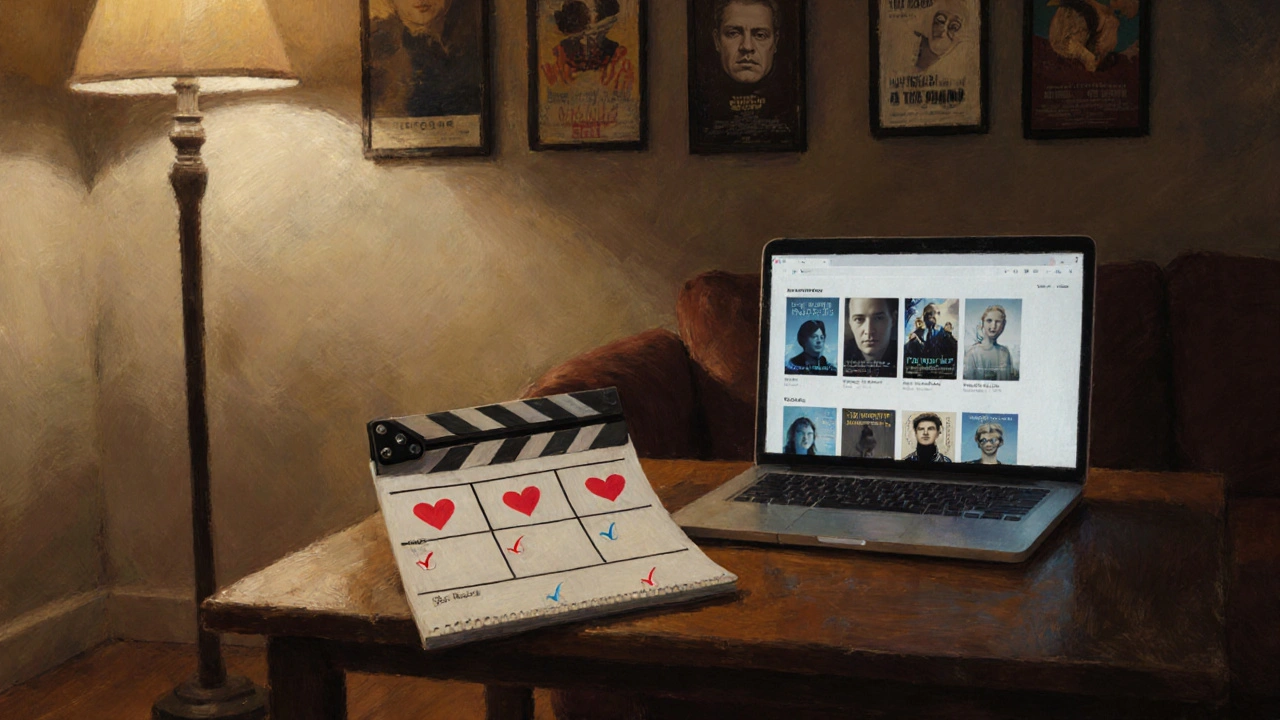 Cozy movie‑night scene with checklist icons and muted‑color film posters.