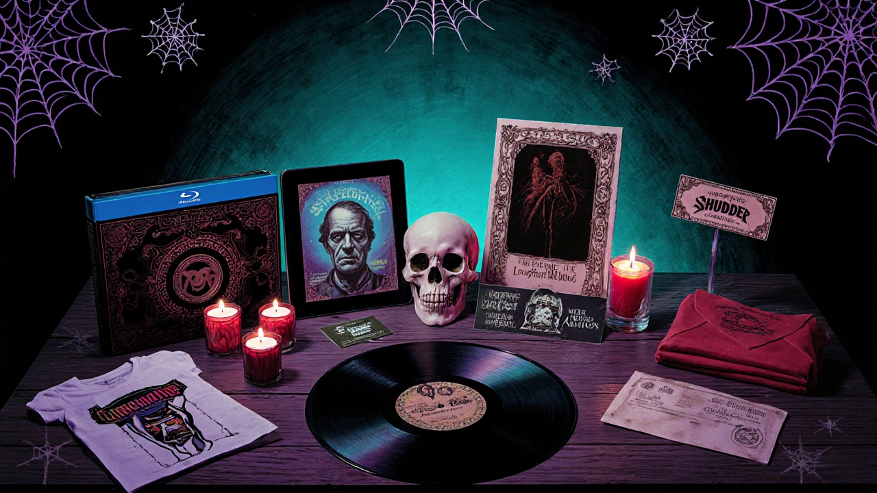 Dark room table displaying a Blu‑ray, board game, poster, vinyl, candles, T‑shirt, and escape‑room voucher.