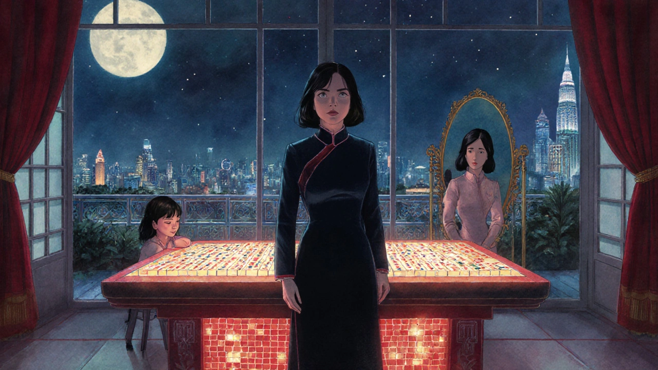 Eleanor Young standing tall in a grand mansion, her reflection showing Rachel at the mahjong table, bathed in moonlight and crimson tones.