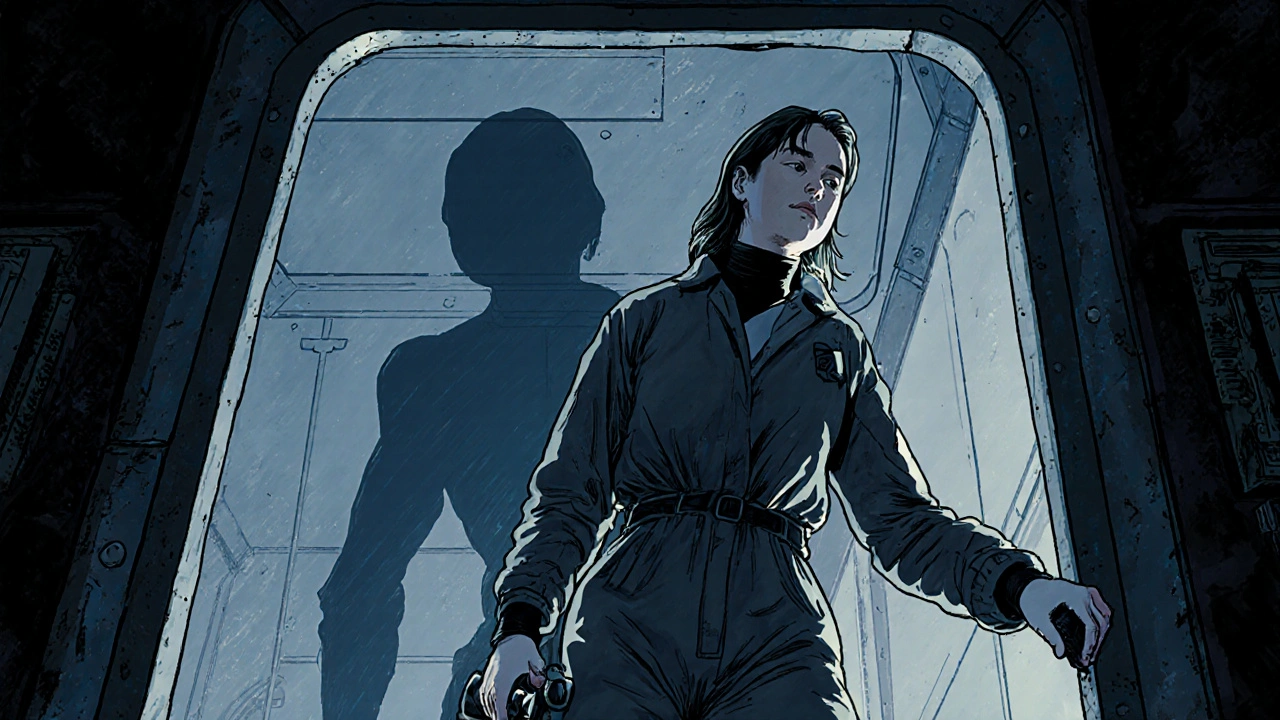 Ellen Ripley standing defiantly in the dim corridors of the Nostromo, facing the shadow of a Xenomorph.