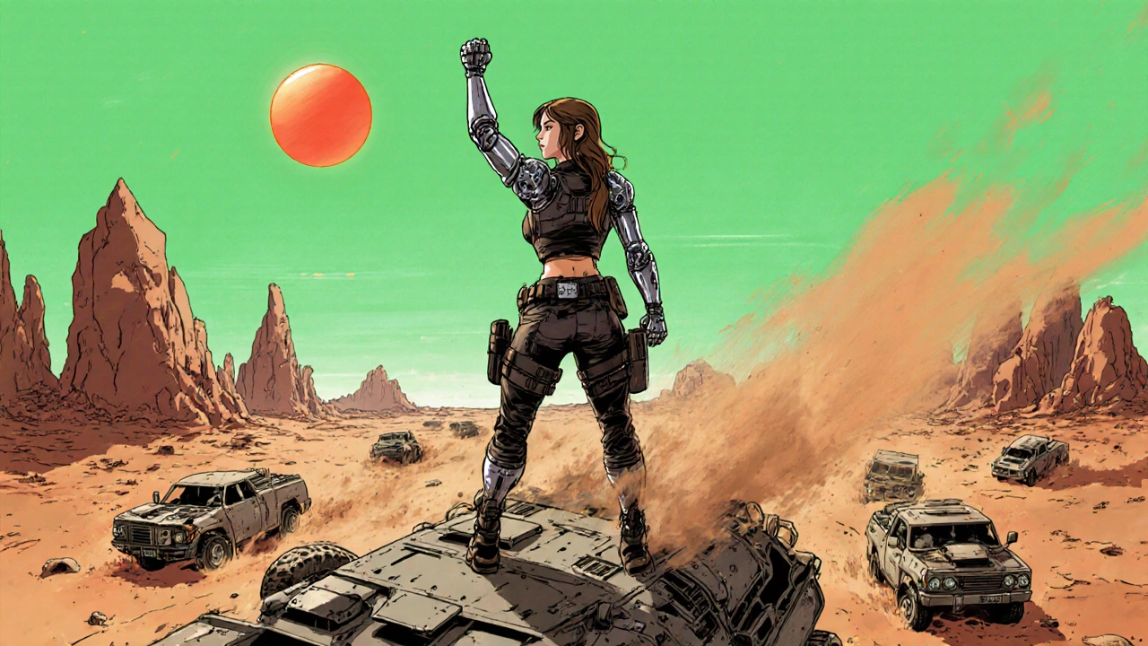 Furiosa atop a war rig in a wasteland, gazing toward a green horizon with her mechanical arm raised.