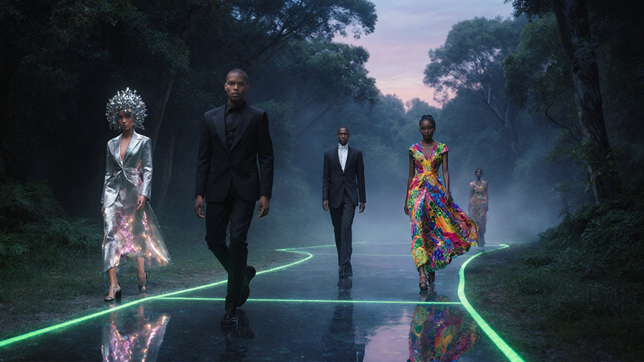 Futuristic runway in a twilight forest with eco‑luxury LED dresses and gender‑fluid outfits.