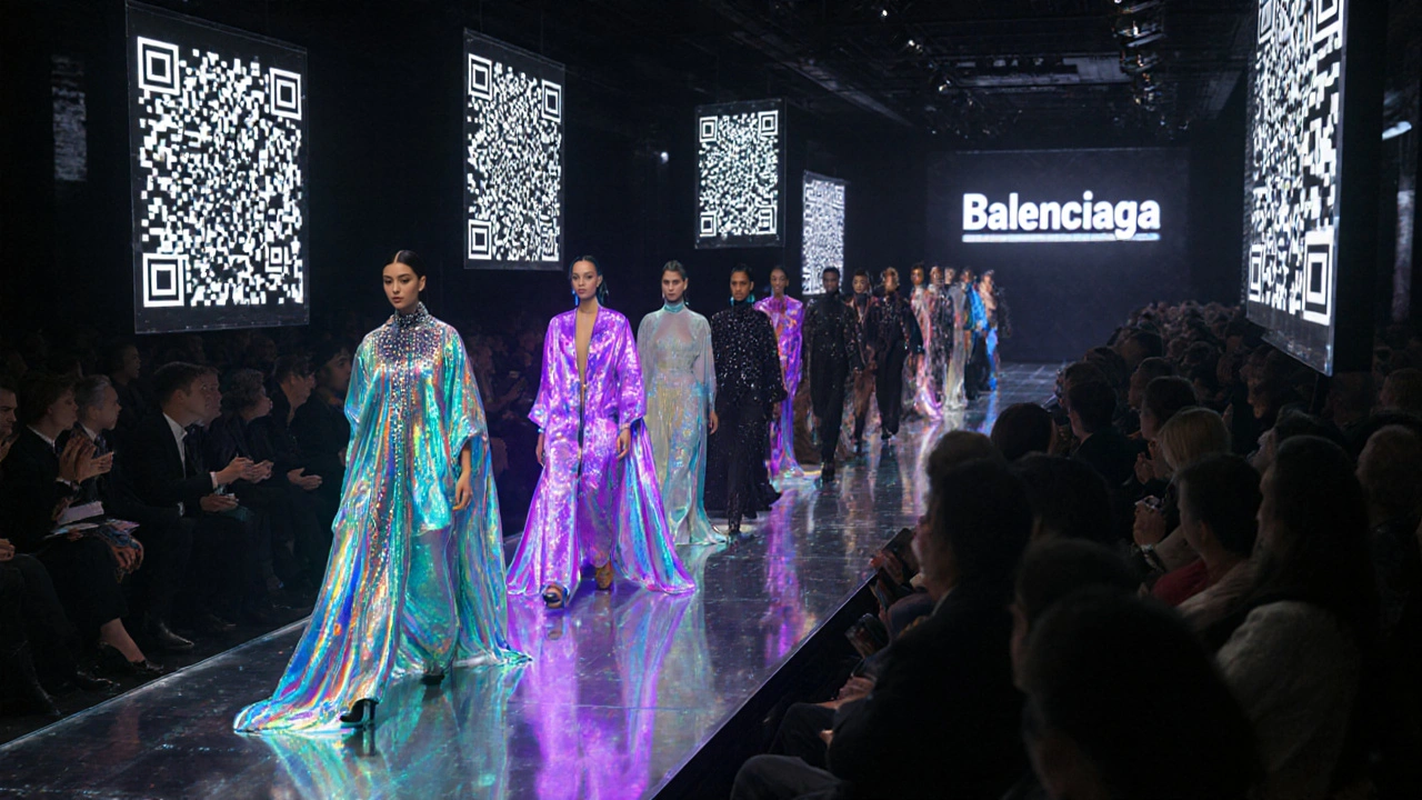 Futuristic runway with holographic capes, AR QR code projections, and glowing smart fabrics.