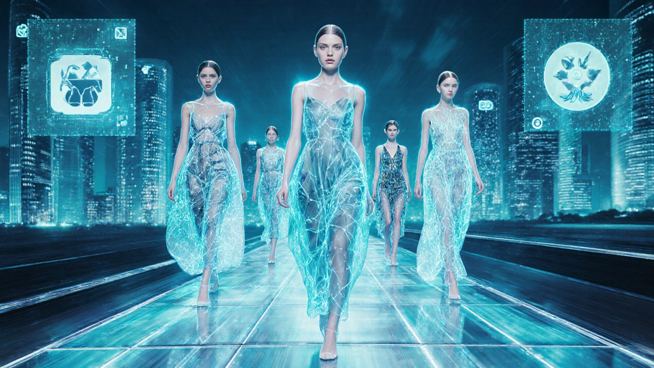 Futuristic runway with holographic models wearing tech‑infused dresses.