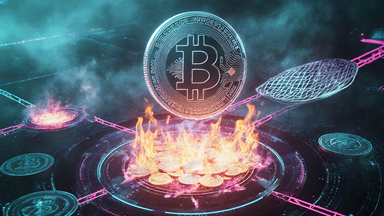 Futuristic scene of automated token burns and cross‑chain bridge minting.