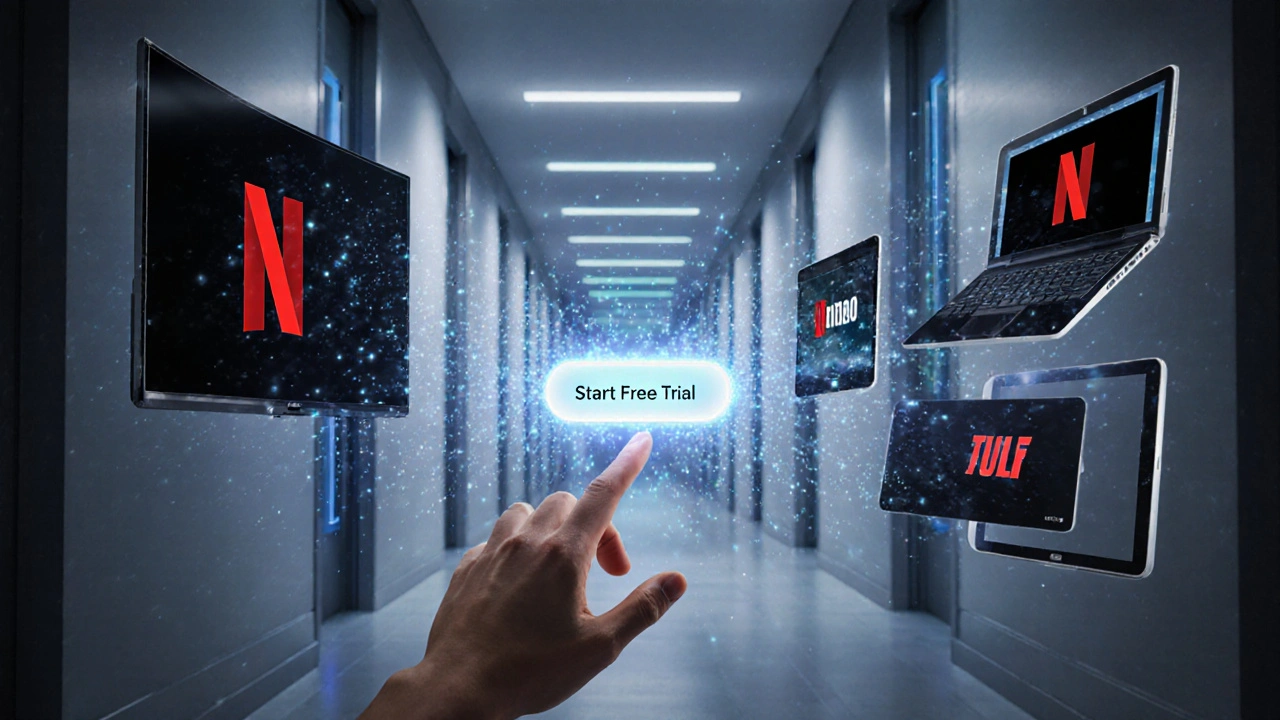Glowing data stream moves from a Netflix‑like screen to devices, indicating a service switch.