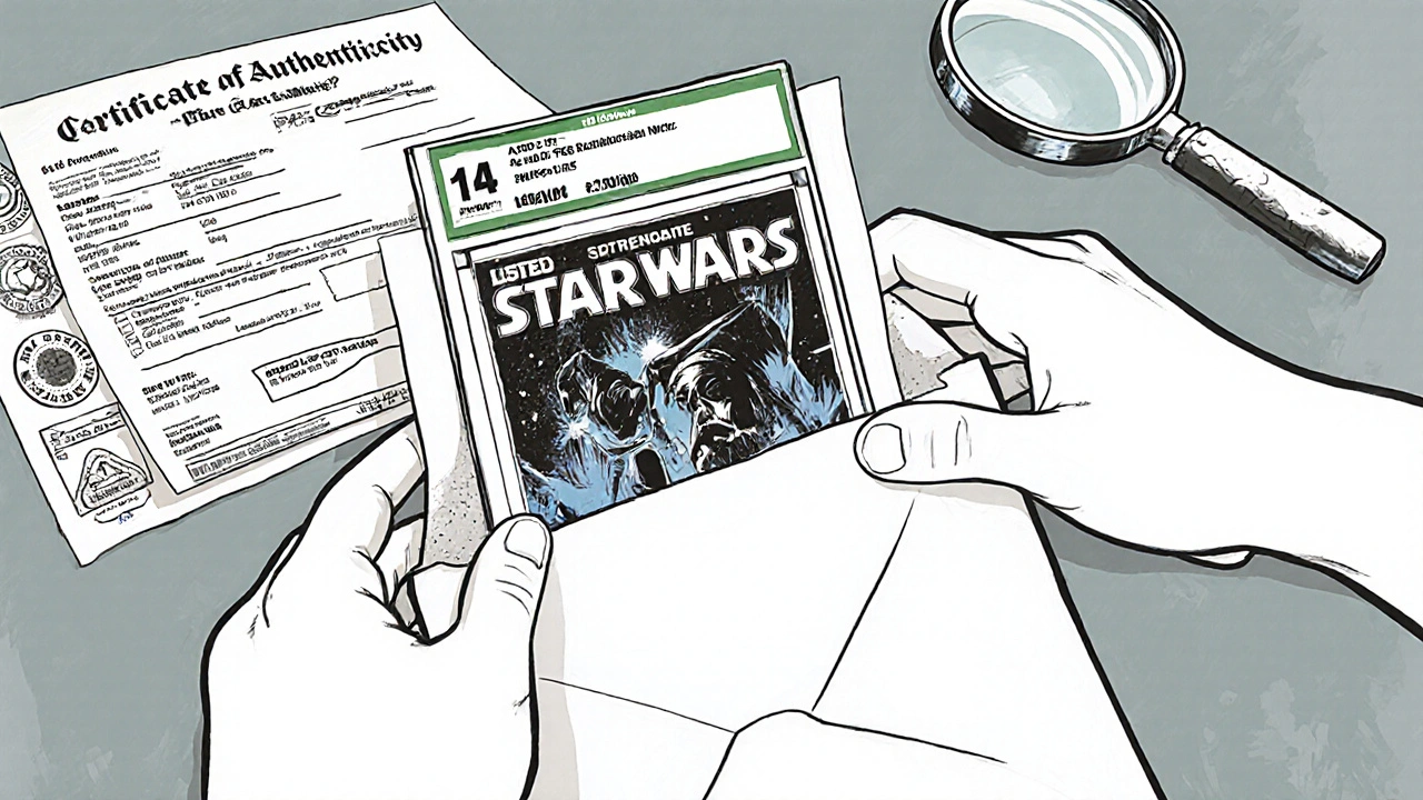 Hands packaging a rare Star Wars poster with authentication documents.