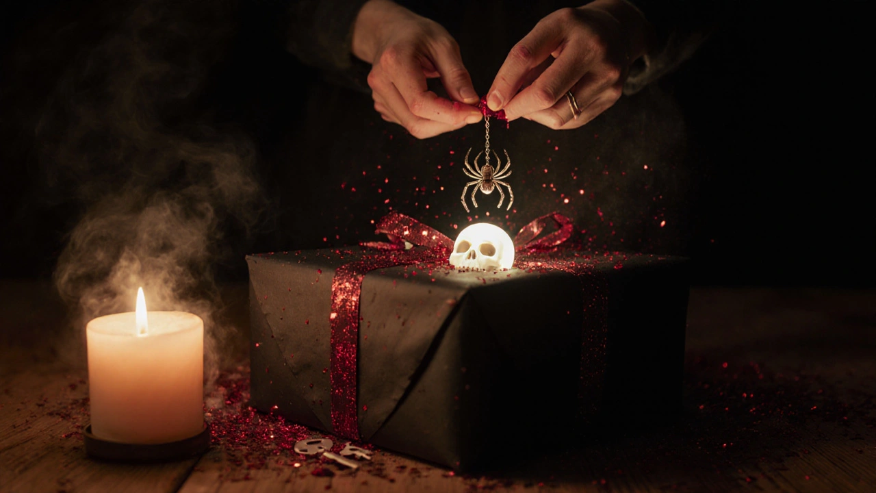 Horror fan unwrapping a black gift with blood‑red glitter and a spider on the ribbon.