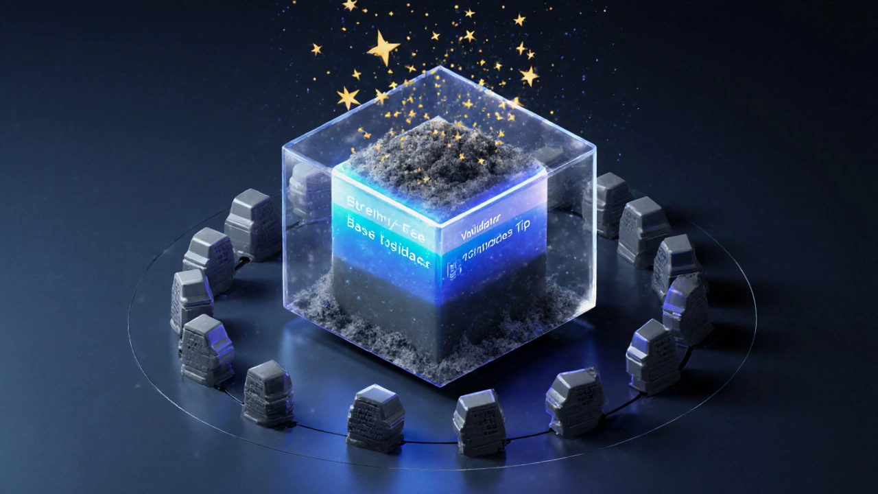 Isometric view of an Ethereum block showing base fee burning and tip sparks to validator nodes.